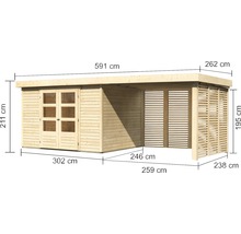 Abbildung eines Gartenhauses aus Holz mit Maßangaben