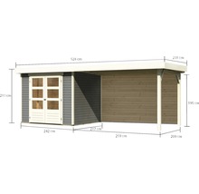 Abri de jardin en bois avec auvent et indications de mesure