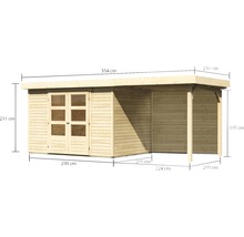 Abmessungen eines Gartenhauses aus Holz mit Doppeltür und Überdachung