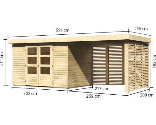 Holzgartenhaus mit Abmessungen.