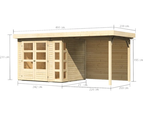 Abmessungen eines Holz Gartenhauses mit Doppeltür und Schleppdach