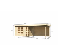 Gartenhaus Karibu Naomi 4 inkl. Anbaudach 2,8 m, Rückwand 591,5 x 238 cm natur