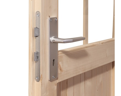 Détail de porte en bois avec poignée et serrure