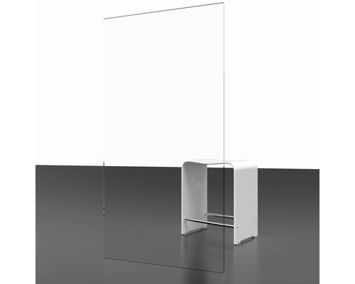 Klarglas Schutzwand neben weissem Hocker