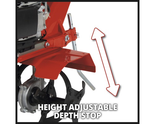 Vue détaillée d''une motobineuse avec butée de profondeur et réglage en hauteur
