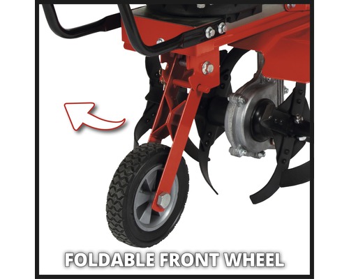 Vue détaillée d''une motobineuse avec roue avant escamotable