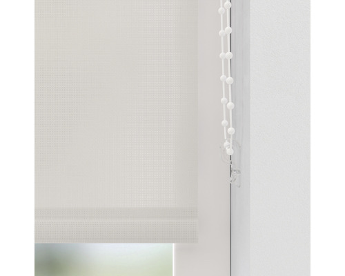 Weisses Rollo mit Kettenzug zur Fensterdekoration