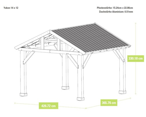 Yukon 14 x 12 Pavillon mit Aluminiumdach, Pfostenstärke 15.24 cm x 22.86 cm und Dachstärke 0.51 mm.