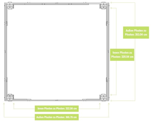 Draufsicht eines Gartenhauses mit Maßangaben zu Innen- und Aussenpfosten