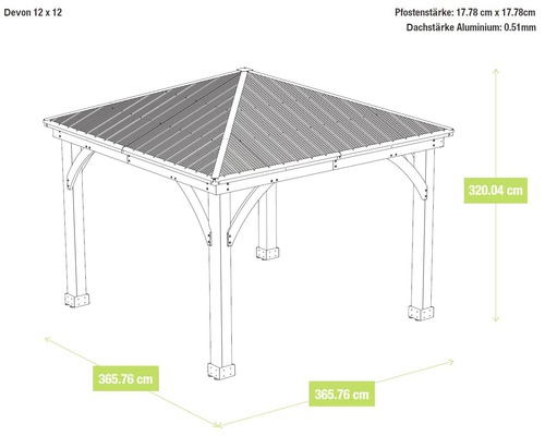 Dimensions du pavillon Devon 12 x 12 avec épaisseur des poteaux et épaisseur du toit en aluminium