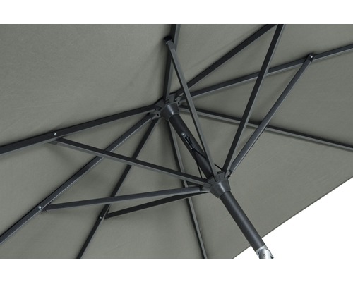 Detailansicht von der Unterseite eines Sonnenschirms mit Streben und Mast