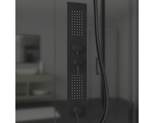 Panneau de douche noir avec flexible de douche dans la salle de bains.