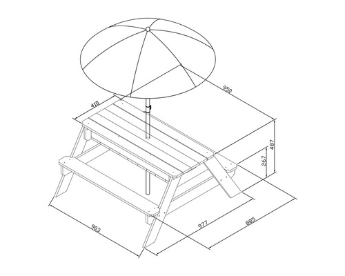Image d''un ensemble de sièges pour enfants avec parasol et indications de dimensions.
