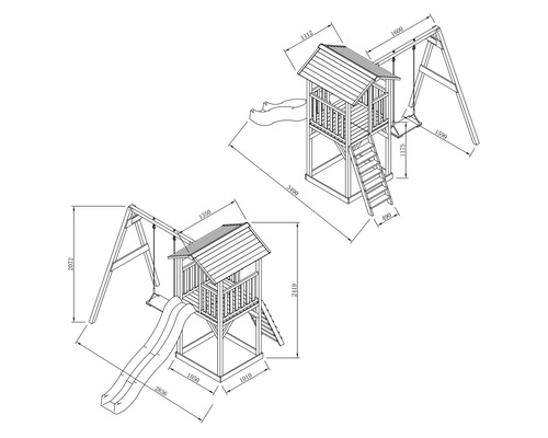 Dessin technique d''une tour de jeu avec balançoire et toboggan avec dimensions.