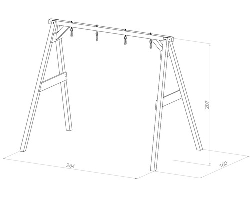 Dessin d''un portique en bois avec des dimensions de 254 x 160 x 207 cm