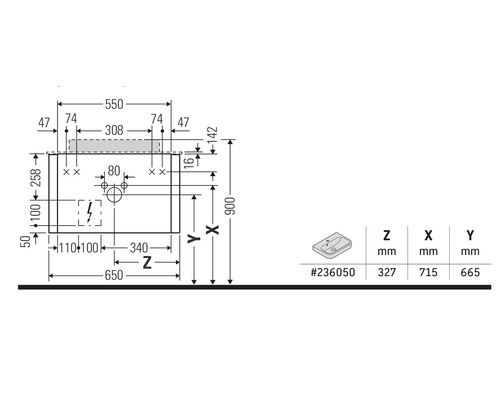 Schéma technique d''un lavabo avec des dimensions en millimètres