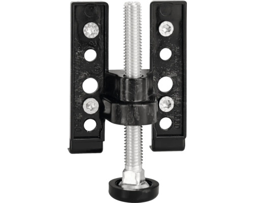 Pied réglable avec support en plastique noir et tige filetée pour ajuster la hauteur