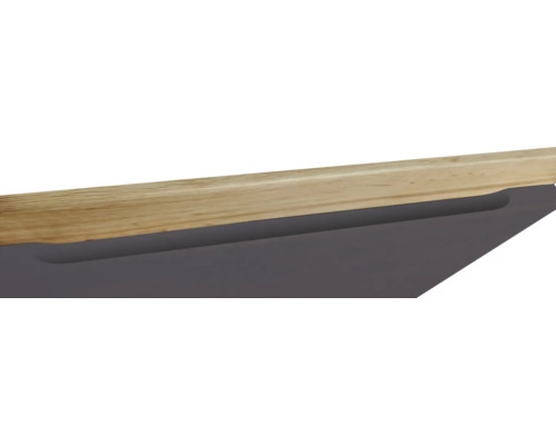 Vue détaillée d''un bord de table avec une surface en bois et un tiroir coulissant