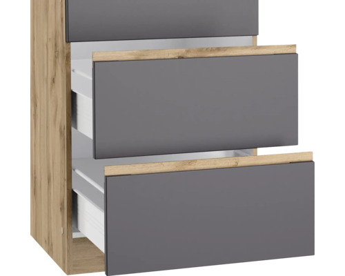 Commode avec trois tiroirs imitation bois et tons de gris