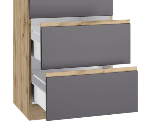 Meuble sous-lavabo avec trois tiroirs et décor bois