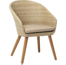 Fauteuil en osier avec pieds en bois et coussin d''assise