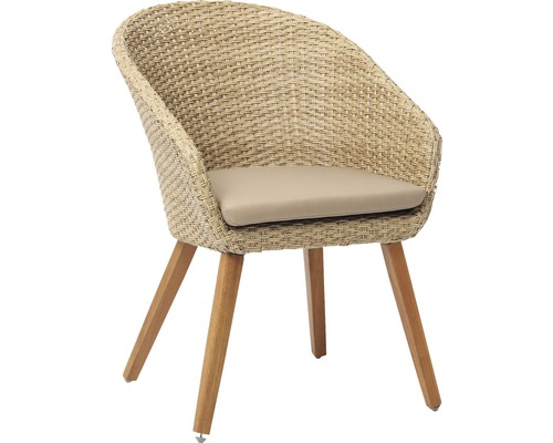 Fauteuil en osier avec pieds en bois et coussin d''assise