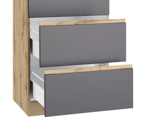 Meuble bas de lavabo gris avec aspect bois et tiroirs ouverts