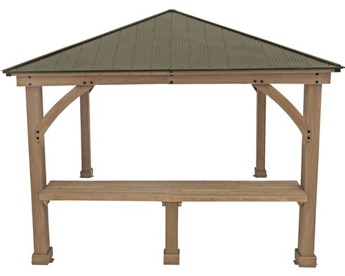 Pavillon autoportant avec toit en métal et poutres en bois