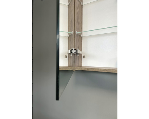 Vue détaillée d''une armoire de toilette avec des éléments en bois et des étagères en verre