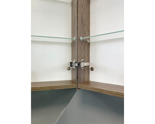 Vue intérieure d''une armoire de toilette avec des éléments en bois et des étagères en verre