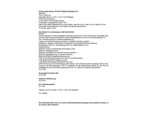 Informations sur le module photovoltaïque, le kit de cales, le bardage et le kit de câblage