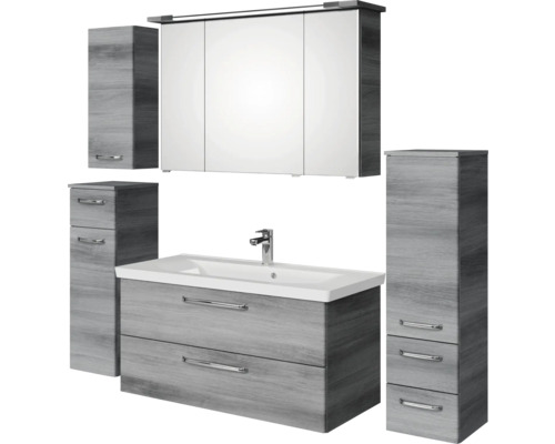 Ensemble de salle de bains avec meuble sous-lavabo, lavabo, armoire de toilette et armoires hautes