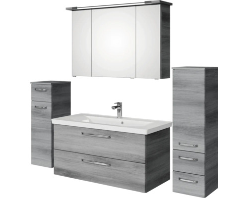 Badezimmermöbel Set mit Waschtischunterschrank, Waschbecken, Spiegelschrank und Hochschränken
