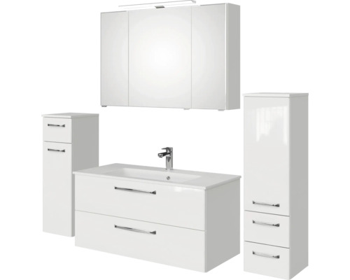 Komplettes Badezimmerset mit Waschtischunterschrank, Waschbecken, Spiegelschrank und zwei Hochschränken