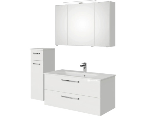 Weisses Badezimmerset mit Waschtisch, Spiegelschrank und Seitenschrank