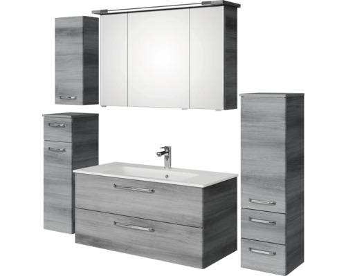 Badezimmermöbelset mit Waschtischunterschrank, Waschbecken, Spiegelschrank und zwei Hochschränken
