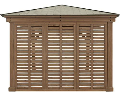 Pavillon en bois avec parois à lamelles et toit en métal
