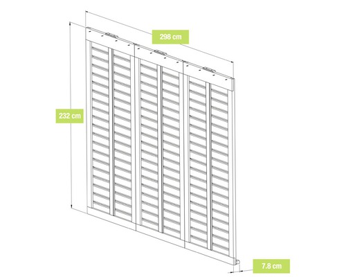 Image d''un mur à lamelles avec des dimensions de 298 cm de largeur, 232 cm de hauteur et 7,8 cm de profondeur.