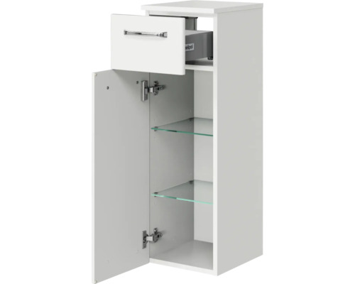 Meuble de salle de bains avec tiroir, porte et étagères en verre