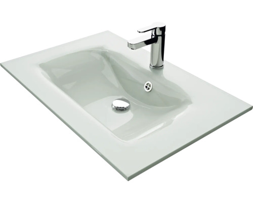 Waschtisch aus Glas mit Armatur und Ablaufventil