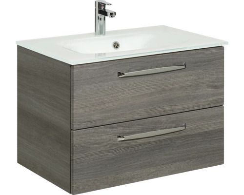 Meuble sous-lavabo avec deux tiroirs, vasque à poser et robinetterie