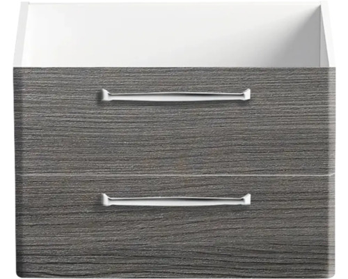 Vue détaillée d''un meuble de salle de bains avec deux tiroirs et poignées