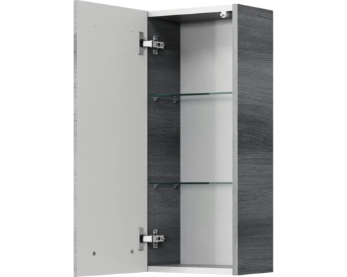 Armoire de toilette ouverte avec étagères en verre