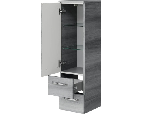 Armoire haute avec porte, deux tiroirs et étagères pour la salle de bain