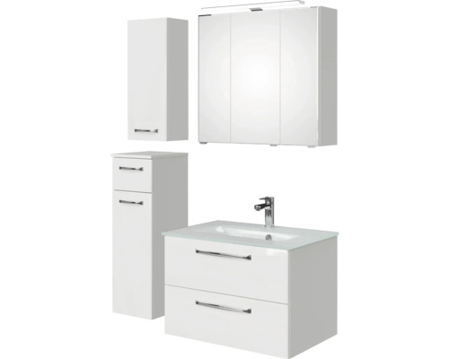 Badezimmermöbelset in Weiss mit Spiegelschrank, Waschtischunterschrank und Hochschrank