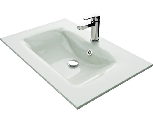 Waschtisch aus Glas mit Armatur und Ablaufventil