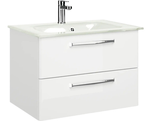 Meuble-lavabo avec deux tiroirs, lavabo à poser et robinet