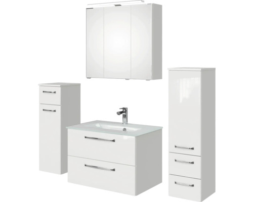 Badezimmermöbel Set mit Waschtisch, Spiegelschrank und Hochschränken
