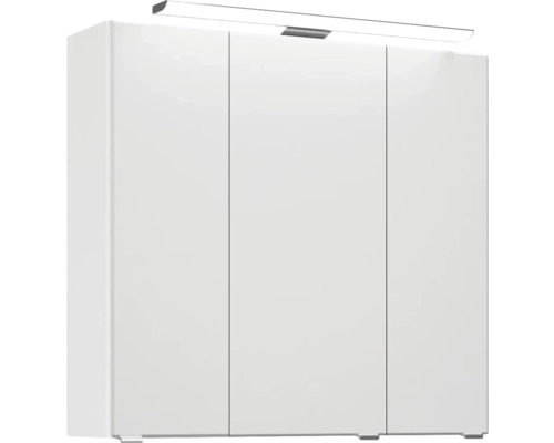 Weisser Badezimmerschrank mit drei Türen und Beleuchtung