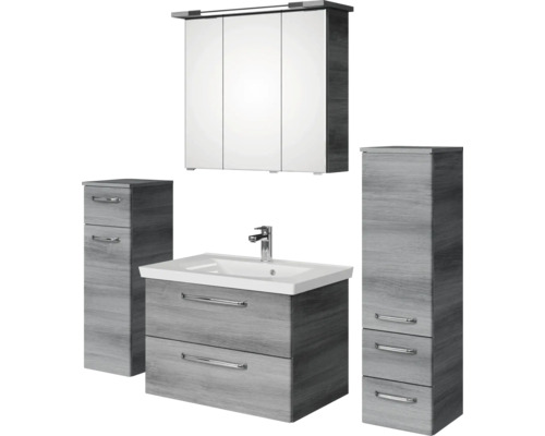 Badezimmerset mit Waschtischunterschrank, Spiegelschrank und Hochschränken